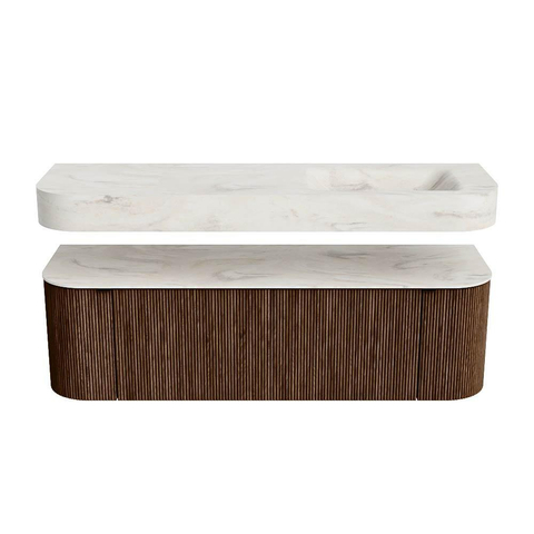 MONDIAZ THOR-DLUX 150cm meuble de salle de bains arrondi gauche + droite couleur Walnut avec 1 tiroir et 2 portes. Vasque suspendue CLOUD Droite 1 trou de robinet couleur Ostra. SW1464481