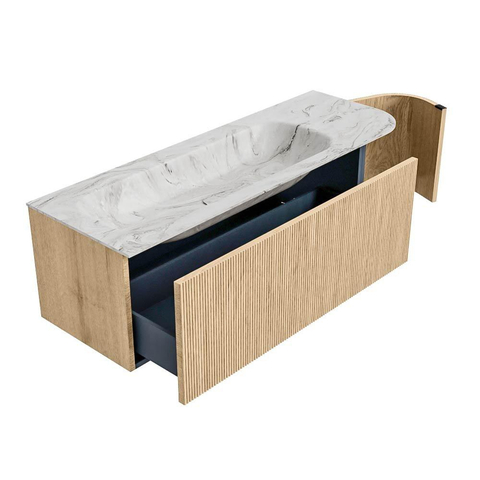 MONDIAZ KURVE-DLUX meuble de salle de bains 135cm avec module 25 R couleur Oak avec 1 tiroir et 1 porte. Lavabo BIG MEDIUM gauche 1 trou de robinet couleur Glace. SW1137932