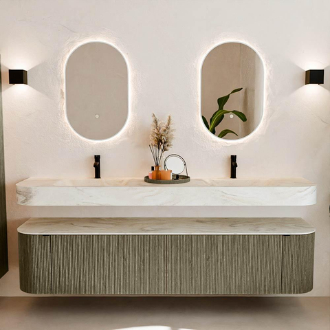 MONDIAZ THOR-DLUX 200cm meuble de salle de bains arrondi gauche + droite couleur Shadow avec 2 tiroirs et 2 portes. Vasque suspendue CLOUD Double 2 trous de robinet couleur Ostra. SW1467051