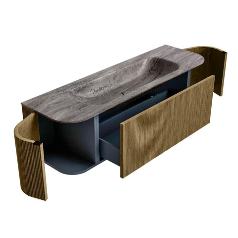 MONDIAZ KURVE-DLUX 150cm badmeubel ronding Links + Rechts kleur Dusk met 1 lade en 2 deuren. Wastafel BIG MEDIUM Midden zonder kraangat Oza. SW1432982