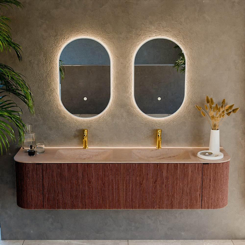 MONDIAZ KURVE-DLUX Meuble de salle de bains 180cm arrondi Gauche + Droite couleur Ruby avec 2 tiroirs et 2 portes. Lavabo LEAF Double 2 trous de robinet Saba. SW1433512