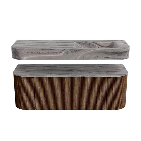 MONDIAZ THOR-DLUX 130cm meuble de salle de bains arrondi gauche + droite couleur Walnut avec 1 tiroir et 2 portes. Vasque suspendue CLOUD Droite 1 trou de robinet couleur Sombra. SW1464060