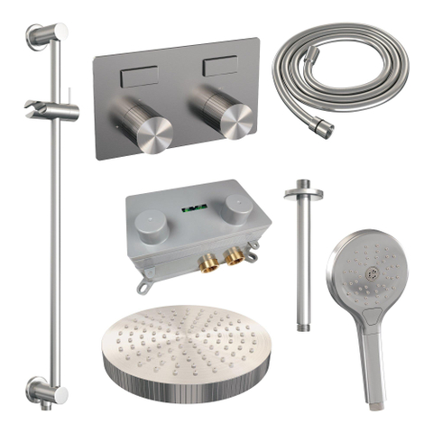 BRAUER Stripe Douche de pluie thermostatique encastrée - boutons-poussoirs - SET 36 - pomme de douche 25cm - bras de plafond - douchette 3 positions - flexible de douche - barre coulissante intégrée - couleur inox brossé PVD SW1435271