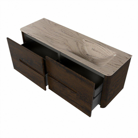 Mondiaz CIRO-DLUX Ensemble de meubles de salle de bains - 140x45x50cm - Plan vasque solid surface Arena - 1 vasque à droite - sans trous de robinet - 4 tiroirs - Noyer SW1530438