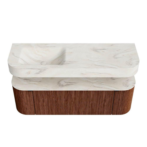 MONDIAZ THOR-DLUX 140cm meuble de salle de bains arrondi gauche + droite couleur Ruby avec 1 tiroir et 2 portes. Vasque suspendue CLOUD gauche sans trou de robinet couleur Ostra. SW1464132
