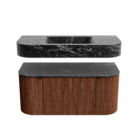 MONDIAZ THOR-DLUX 100cm meuble de salle de bains arrondi gauche + droite couleur Ruby avec 1 tiroir et 2 portes. Vasque suspendue CLOUD Milieu sans trou de robinet couleur Lava. SW1467413