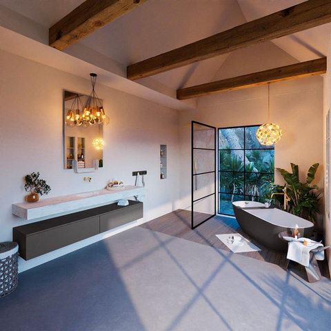 Mondiaz ALAN-DLUX Ensemble de meuble - 200cm - meuble Dark grey mat - 2 tiroirs - Lavabo Cloud Opalo suspendu - vasque Centre - 0 trous de robinet SW806509
