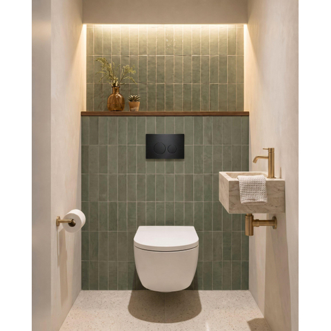 QeramiQ Dely Swirl Ensemble de WC- 36,3x51,7 cm - Sans bride - Réservoir encastré Geberit UP320 - Abattant fin - Plaque de commande en métal noir mat - Boutons ronds - Blanc mat SW1126109