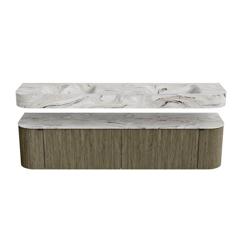 MONDIAZ THOR-DLUX Meuble de salle de bains 190cm arrondi gauche + droite couleur Shadow avec 2 tiroirs et 2 portes. Vasque suspendue CLOUD Double 2 trous de robinet couleur Glace. SW1466563