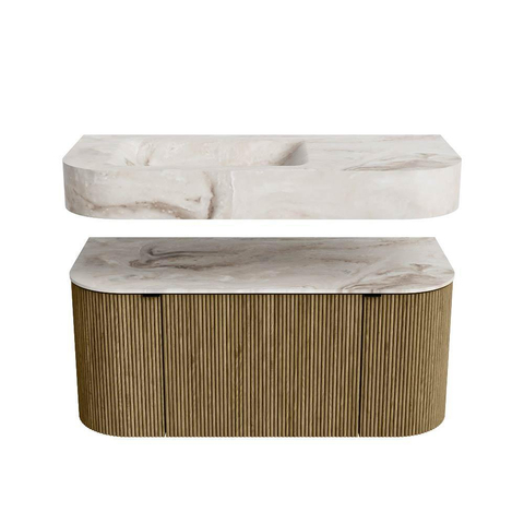 MONDIAZ THOR-DLUX 100cm meuble de salle de bains arrondi gauche + droite couleur Dusk avec 1 tiroir et 2 portes. Vasque suspendue CLOUD Gauche 1 trou de robinet couleur Frappe. SW1467389