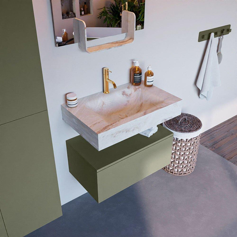 Mondiaz ALAN-DLUX Ensemble de meuble - 70cm - meuble Army mat - 1 tiroir - Lavabo Cloud Frappe suspendu - vasque Centre - 1 trou de robinet SW805404