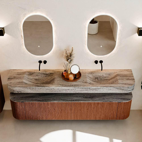 MONDIAZ THOR-DLUX 200cm meuble de salle de bains arrondi gauche + droite couleur Ruby avec 2 tiroirs et 2 portes. Vasque suspendue CLOUD Double sans trou de robinet couleur Oza. SW1467200