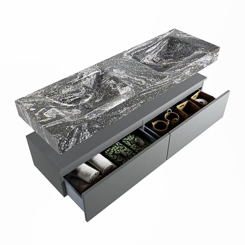 Mondiaz ALAN-DLUX Ensemble de meuble - 150cm - meuble Plata mat - 2 tiroirs - Lavabo Cloud Lava suspendu - vasque Gauche et droite - 0 trous de robinet SW808285