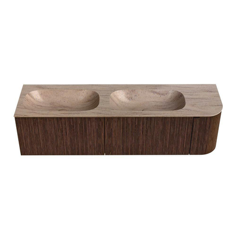 MONDIAZ KURVE-DLUX 165cm badmeubel ronding Rechts kleur Walnut met 2 lades en 1 deur. Wastafel STOR SMALL Dubbel / Links 2 kraangaten Saba. SW1433226
