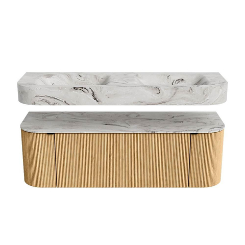MONDIAZ THOR-DLUX 140cm meuble de salle de bains arrondi gauche + droite couleur Oak avec 1 tiroir et 2 portes. Vasque suspendue CLOUD Double 2 trous de robinet couleur Glace. SW1463945