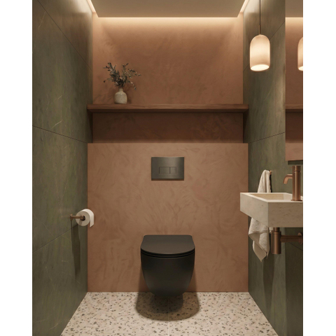 QeramiQ Dely Swirl Toiletset - inbouwreservoir Qeramiq Flush - slim zitting - metaal gunmetal bedieningsplaat - rechthoekige knoppen - mat zwart SW1578318