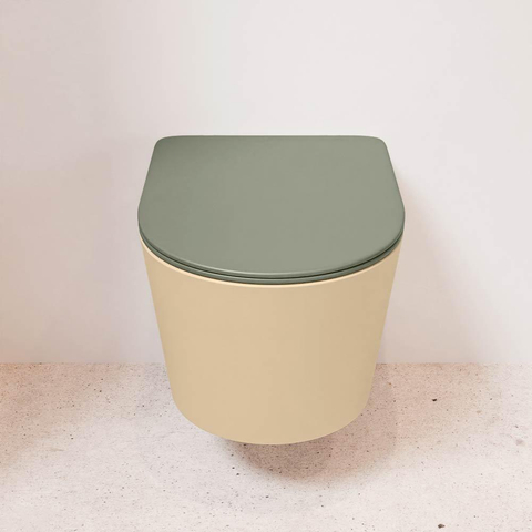 Mondiaz LAVIE hangtoilet – spoelrandloos – 36 x 53 cm – met softclose zitting – Sand (beige), zitting Army (groen) SW1208582
