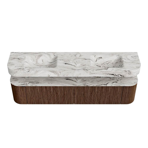 MONDIAZ THOR-DLUX 200cm badmeubel ronding links + rechts kleur Walnut met 2 lades en 2 deuren. Vrijhangende wastafel CLOUD Dubbel 2 kraangaten kleur Glace. SW1466981