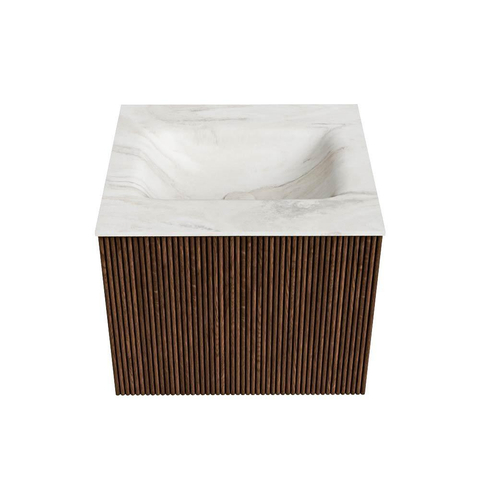 MONDIAZ KURVE-DLUX 50cm badmeubel kleur Walnut met 1 lade. Wastafel GRUNNE midden 1 kraangat kleur Ostra. SW1137805