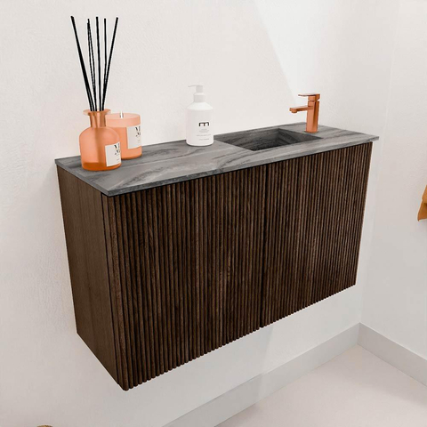 Mondiaz JOYA-DLUX 70cm meuble de salle de bains - couleur Walnut - Vasque FAYE position Droite 1 trou de robinet couleur Sombra. SW1424705