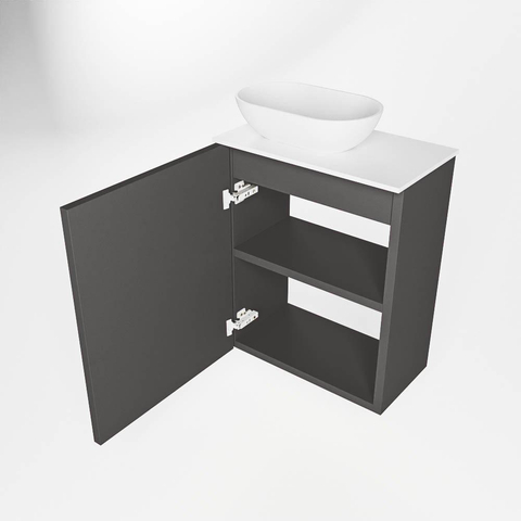 Mondiaz Fowy Meuble de toilette - 40x50x23cm - gris foncé mat - 1 trou de robinet - lavabo à gauche - 1 porte - solid surface - plan MDF - lavabo : Blanc / Noir SW760932