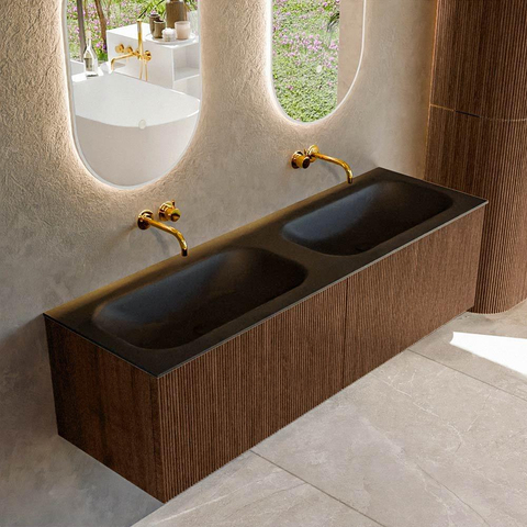 MONDIAZ KURVE Meuble de salle de bains 150 cm couleur Walnut avec 2 tiroirs. Lavabo BIG SMALL double sans trou de robinet Urban. SW1138538