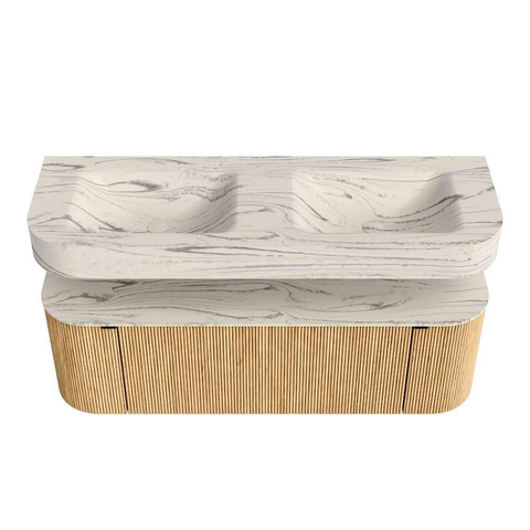 MONDIAZ THOR-DLUX 140cm badmeubel ronding links + rechts kleur Oak met 1 lade en 2 deuren. Vrijhangende wastafel CLOUD Dubbel zonder kraangat kleur Nata. SW1464448
