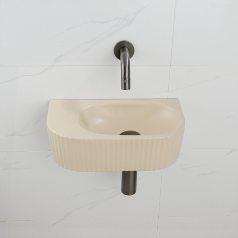 QeramiQ Fuente pack lave-mains – demi-rond – 40 x 21,5 x 12 cm – céramique beige – robinet gunmetal – cannelé SW1233121