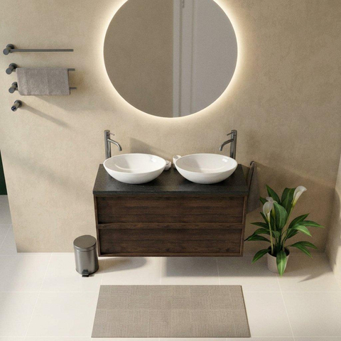 Saniclass Holz Frame Badkamermeubelset - 120x45x63cm - Noche basalten wastafelblad gepolijst (zwart) - 2 kraangaten - 2 lades - mat eiken charcoal (hout) SW1579912
