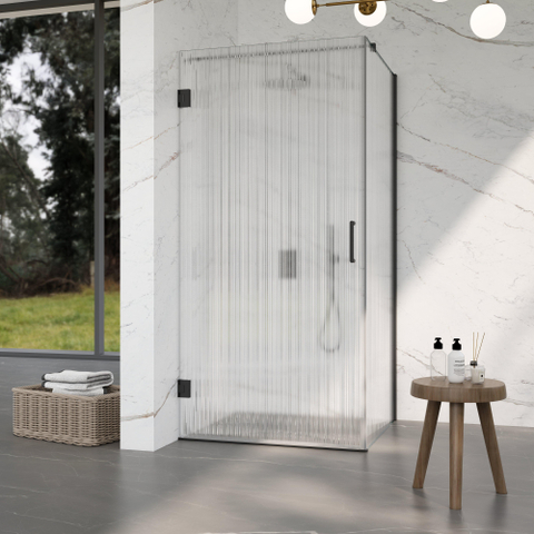 FugaFlow Eccelente Vetro Cabine de Douche - 100x100x200cm - charnières - poignée de porte - barre de stabilisation - verre clair strié - verre de sécurité - noir mat SW1222913