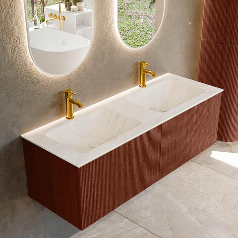 Mondiaz KURVE-DLUX Ensemble meuble de salle de bains - 130x46x40cm - 2 tiroirs - lavabo solid surface - double - 2 trous de robinet - Ruby SW1415883