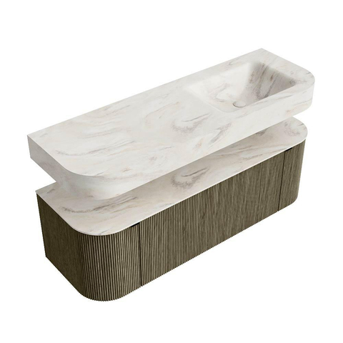 MONDIAZ THOR-DLUX 140cm meuble de salle de bains arrondi gauche + droite couleur Shadow avec 1 tiroir et 2 portes. Vasque suspendue CLOUD Droite 1 trou de robinet couleur Ostra. SW1464477