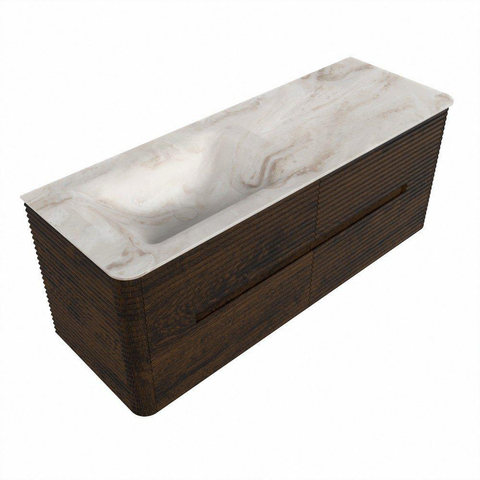 Mondiaz CIRO-DLUX Badkamermeubelset - 130x45x50cm - Solid surface wastafel Frappe - 1 wasbak Links - zonder kraangaten - 4 lades - Walnut SW1533774