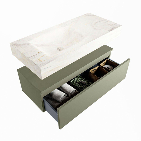 Mondiaz ALAN-DLUX Ensemble de meuble - 100cm - meuble Army mat - 1 tiroir - Lavabo Cloud Ostra suspendu - vasque Gauche - 0 trous de robinet SW807715