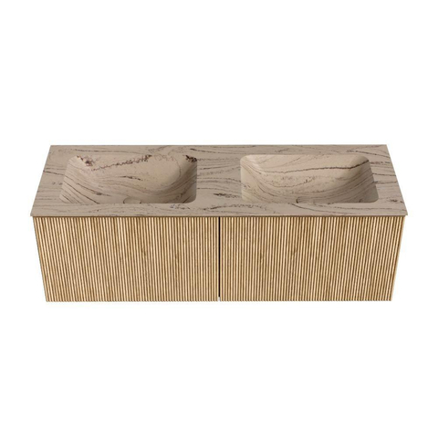 MONDIAZ KURVE-DLUX Meuble de salle de bains 130cm couleur chêne avec 2 tiroirs et 0 porte. Lavabo LEAF Double sans trou de robinet Arena. SW1431122