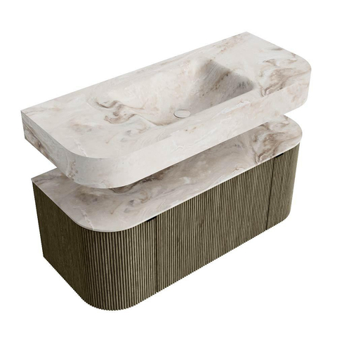 MONDIAZ THOR-DLUX 110cm badmeubel ronding links + rechts kleur Shadow met 1 lade en 2 deuren. Vrijhangende wastafel CLOUD Midden 1 kraangat kleur Frappe. SW1462880