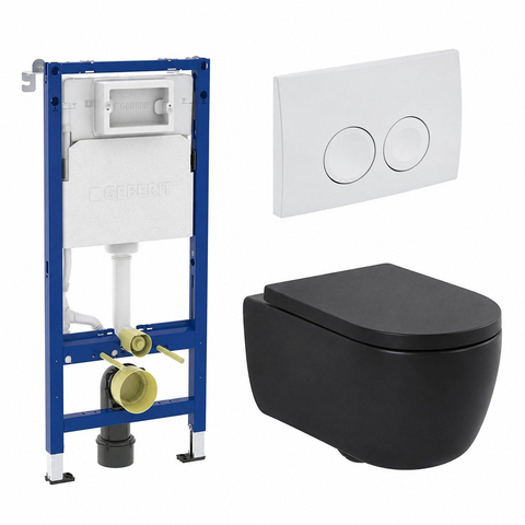 QeramiQ Dely Swirl Pack WC - 36.5x53cm - réservoir encastré Geberit UP100 - 35mm Abattant WC - plan de couverture blanche - boutons ronds - noir mat SW1138621