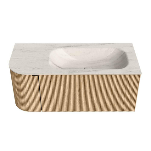 MONDIAZ KURVE-DLUX Meuble de salle de bains 105cm arrondi à gauche couleur Oak avec 1 tiroir et 1 porte. Vasque BIG SMALL à droite 1 trou de robinet Meli. SW1431600