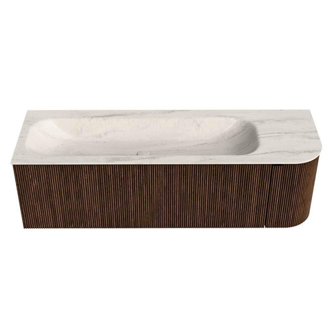 MONDIAZ KURVE-DLUX meuble de salle de bains 145cm arrondi droite couleur noyer avec 1 tiroir et 1 porte. Lavabo BIG LARGE gauche sans trou de robinet Meli. SW1431694