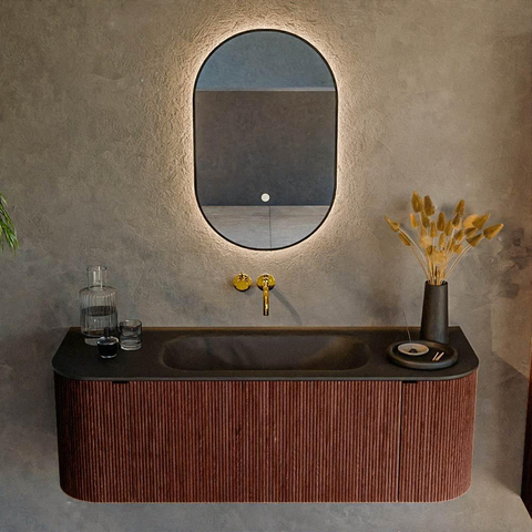 Mondiaz KURVE Ensemble de meubles de salle de bains - 130x46x40cm - 1 tiroir - 2 portes - lavabo solid surface - central - sans trou de robinet - Ruby SW1415421