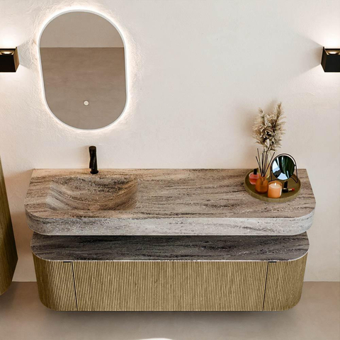 MONDIAZ THOR-DLUX Meuble de salle de bains 160cm arrondi gauche + droite couleur Dusk avec 1 tiroir et 2 portes. Vasque suspendue CLOUD Gauche 1 trou de robinet couleur Oza. SW1465310