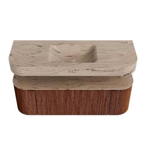 MONDIAZ THOR-DLUX 130cm meuble de salle de bains arrondi gauche + droite couleur Ruby avec 1 tiroir et 2 portes. Vasque suspendue CLOUD Milieu 1 trou de robinet couleur Arena. SW1463795