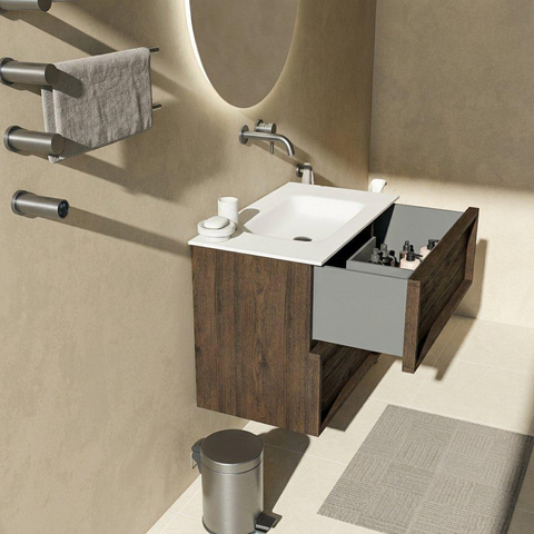 Saniclass Holz Frame Badkamermeubelset - 80x45x61.5cm - Flow solid surface wastafel wit - 1 wasbak - zonder kraangat - 2 lades - mat eiken charcoal (hout) SW1579769