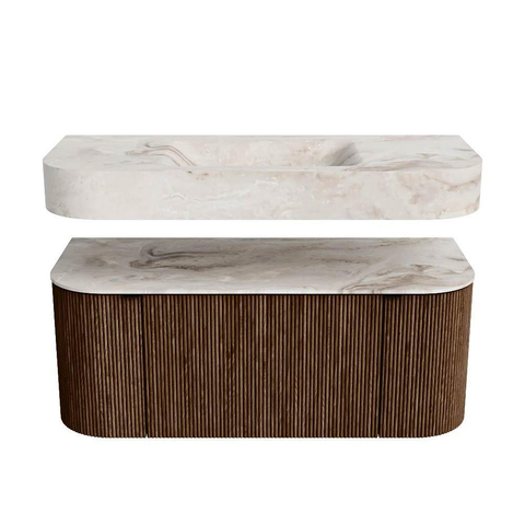 MONDIAZ THOR-DLUX 110cm badmeubel ronding links + rechts kleur Walnut met 1 lade en 2 deuren. Vrijhangende wastafel CLOUD Midden 1 kraangat kleur Frappe. SW1462773