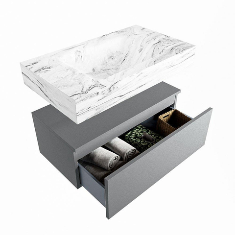 MONDIAZ ALAN-DLUX badkamermeubelset 80cm badmeubel onderkast Plata 1 lade met vrijhangende wastafel CLOUD midden zonder kraangat kleur Glace SW806223