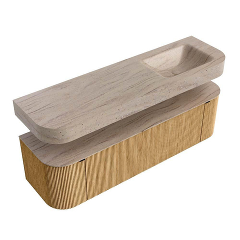MONDIAZ THOR-DLUX 160cm meuble de salle de bains arrondi gauche + droite couleur Oak avec 1 tiroir et 2 portes. Vasque suspendue CLOUD Droite 1 trou de robinet couleur Saba. SW1465335