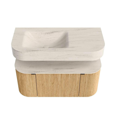 MONDIAZ THOR-DLUX Meuble de salle de bains - 100cm - arrondi gauche + droite - couleur Oak - 1 tiroir - 2 portes - Vasque suspendue CLOUD Gauche sans trou de robinet - couleur Meli SW1467469