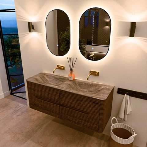 Mondiaz CIRO-DLUX Badkamermeubelset - 130x45x50cm - Solid surface wastafel Oza - 2 wasbak Dubbel - zonder kraangaten - 4 lades - Dusk SW1533280