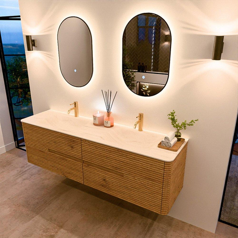 Mondiaz CIRO-DLUX Meuble de salle de bains - 170x45x50cm - Plan vasque Solid surface Meli - 2 vasques Double - 2 trous de robinetterie - 4 tiroirs - Chêne SW1531416