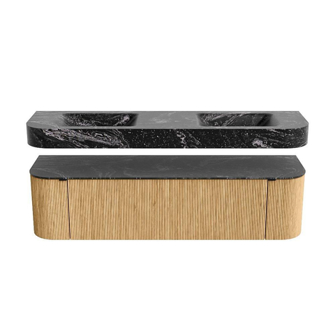 MONDIAZ THOR-DLUX Meuble de salle de bains - 170cm - arrondi gauche + droite - couleur Oak - 1 tiroir et 2 portes - Vasque suspendue CLOUD Double sans trou de robinet - couleur Lava SW1465438